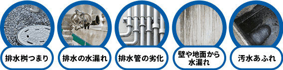 排水桝つまり・排水の水漏れ・排水管の劣化・壁や地面から水漏れ・汚水あふれ